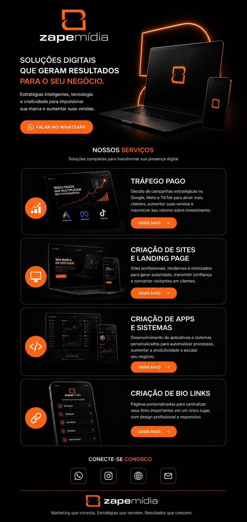 Zape Mídia — Soluções digitais que geram resultados para o seu negócio. Tráfego pago, criação de sites e landing page, criação de apps e sistemas, criação de bio links.